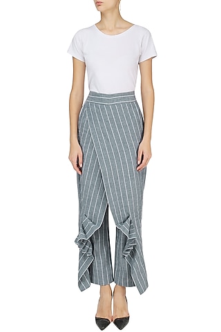 Blue and White Striped Wrap Pants by Ritesh Kumar