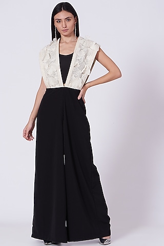 Black & White Embroidered Jumpsuit by Richa Khemka