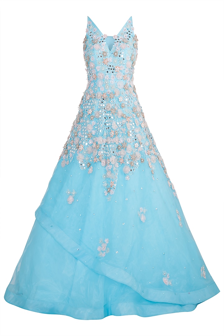 Blue embroidered gown by Riddhi Majithia