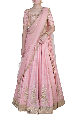 Salmon pink embroidered lehenga set by RRishita & Mitali