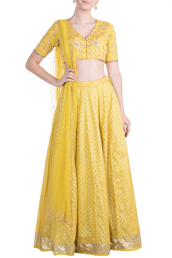 Yellow Embroidered Chanderi Wedding Lehenga Set by RRishita & Mitali at Pernia's Pop Up Shop