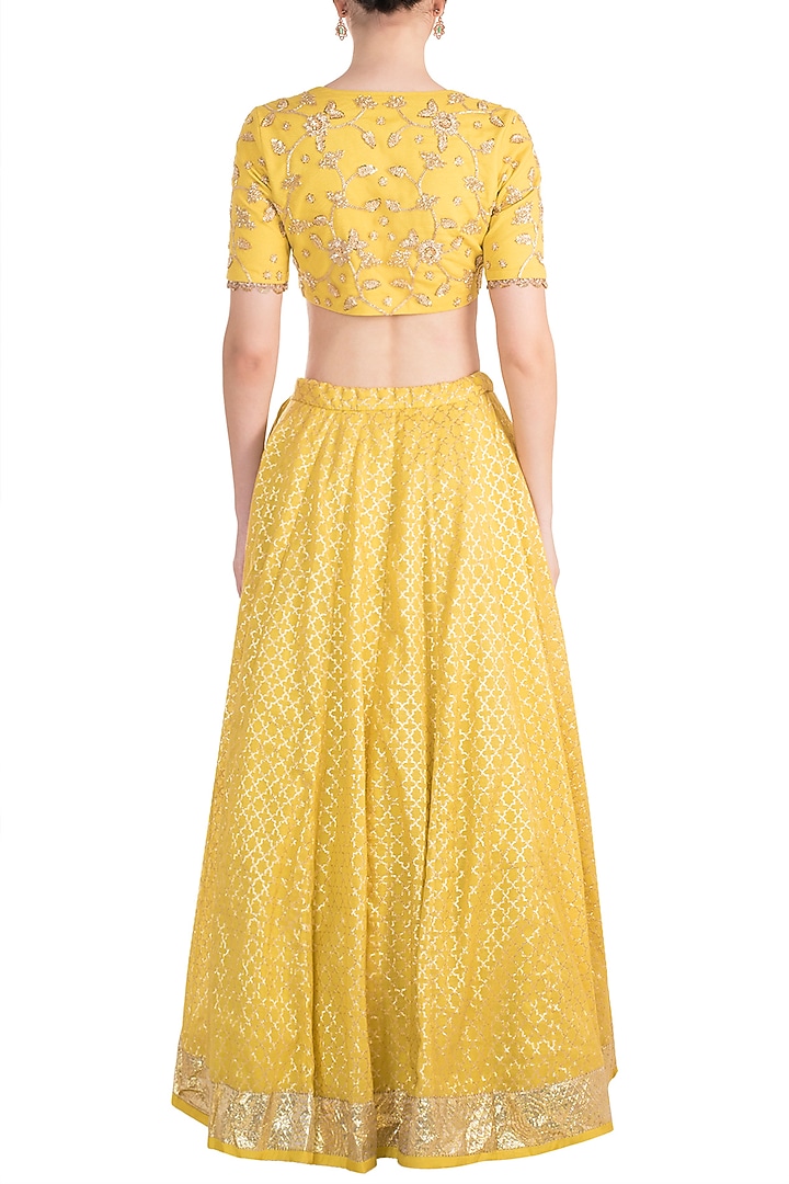 Yellow Embroidered Chanderi Wedding Lehenga Set by RRishita & Mitali at Pernia's Pop Up Shop