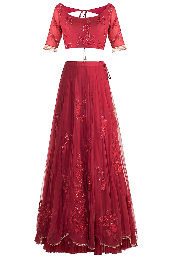 Red Embroidered Lehenga Set by RRishita & Mitali