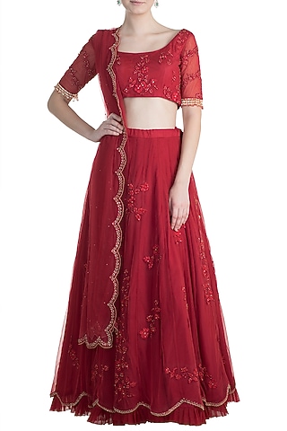 Red Embroidered Lehenga Set by RRishita & Mitali