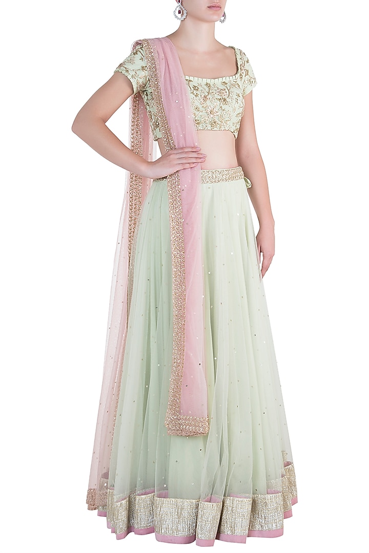Mint green embroidered lehenga set available only at Pernia's Pop Up Shop.