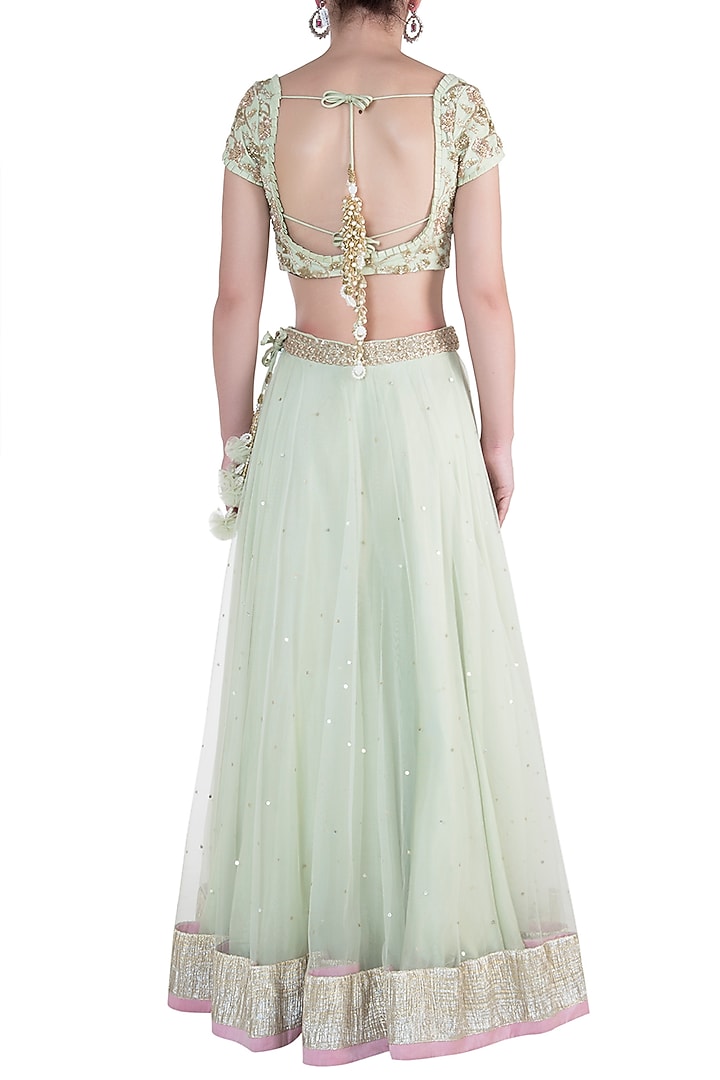 Mint green embroidered lehenga set available only at Pernia's Pop Up Shop.
