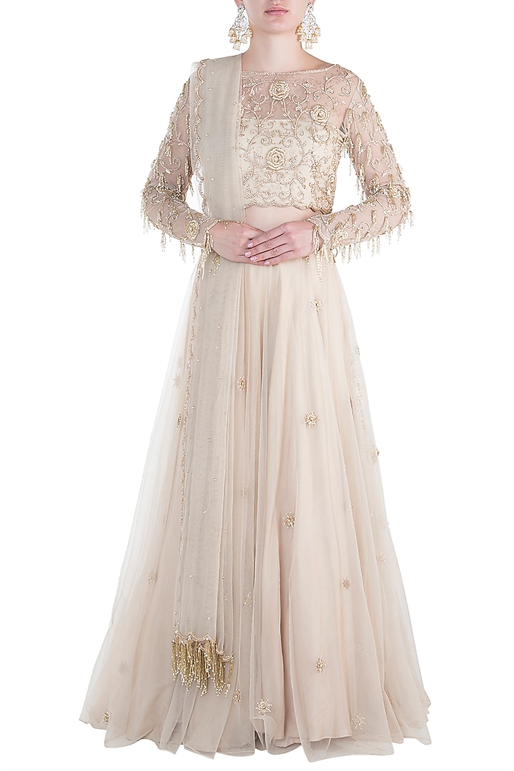 Beige embroidered lehenga set available only at Pernia's Pop Up Shop.