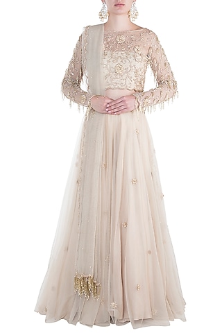 Beige embroidered lehenga set by RRishita & Mitali