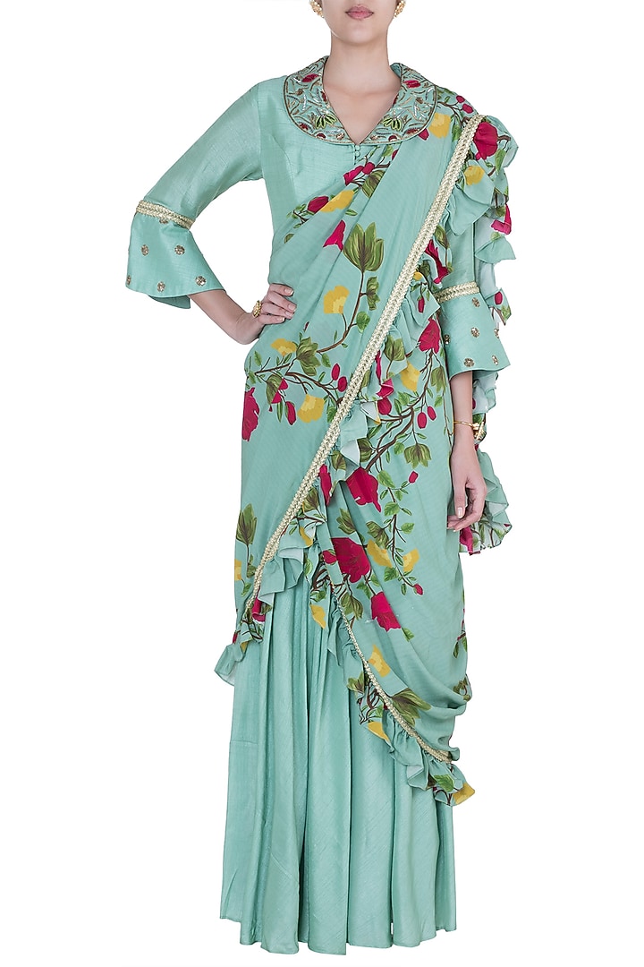 Peppermint green embroidered Wedding Anarkali with printed drape by Riraan By Rikita & Ratna at Pernia's Pop Up Shop