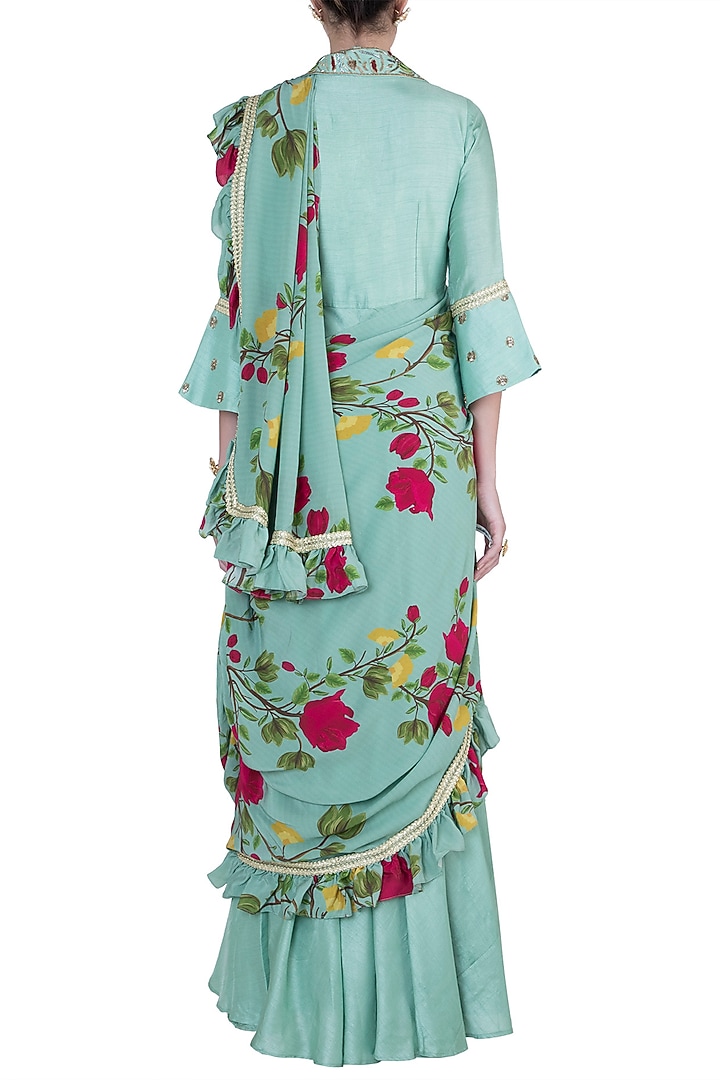 Peppermint green embroidered Wedding Anarkali with printed drape by Riraan By Rikita & Ratna at Pernia's Pop Up Shop
