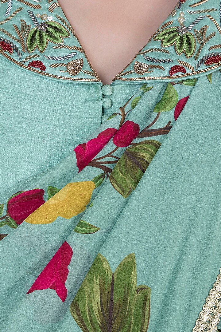 Peppermint green embroidered Wedding Anarkali with printed drape by Riraan By Rikita & Ratna at Pernia's Pop Up Shop