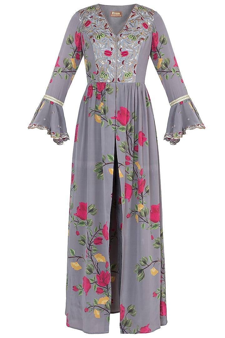Ash grey embroidered printed tunic with pants by Riraan By Rikita & Ratna at Pernia's Pop Up Shop