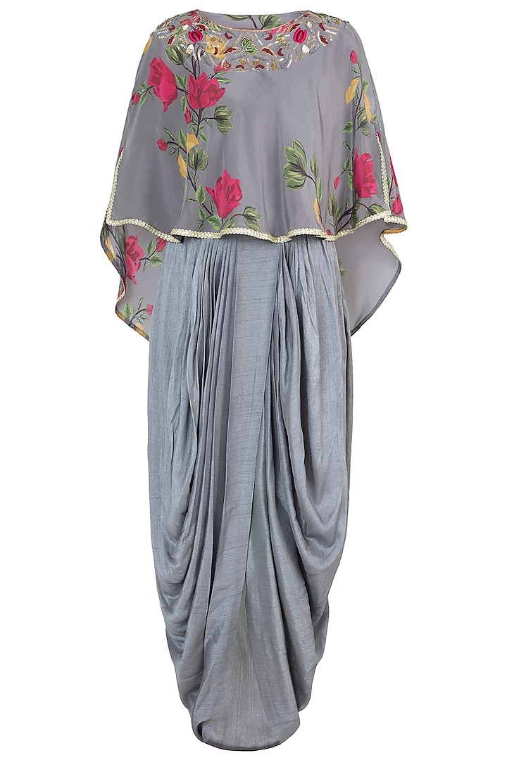 Ash grey embroidered printed cape with overlap maxi dress by Riraan By Rikita & Ratna