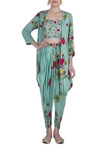 Peppermint green embroidered printed bustier with jacket, dhoti pants and belt by Riraan By Rikita & Ratna