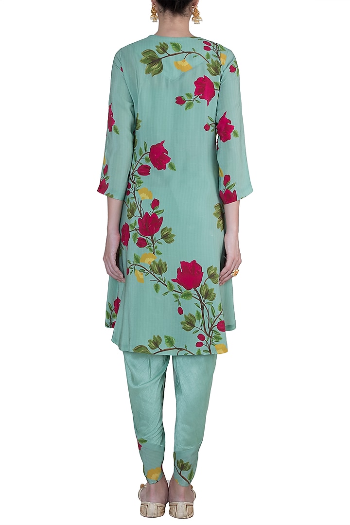 Peppermint green embroidered printed bustier with jacket, dhoti pants and belt by Riraan By Rikita & Ratna at Pernia's Pop Up Shop