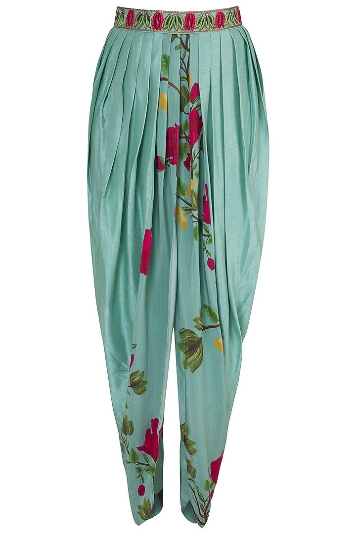 Peppermint green embroidered printed bustier with jacket, dhoti pants and belt by Riraan By Rikita & Ratna at Pernia's Pop Up Shop