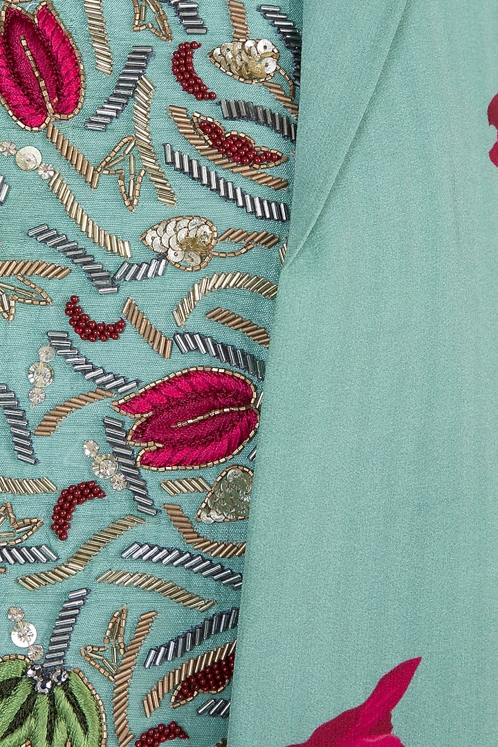 Peppermint green embroidered printed bustier with jacket, dhoti pants and belt by Riraan By Rikita & Ratna at Pernia's Pop Up Shop