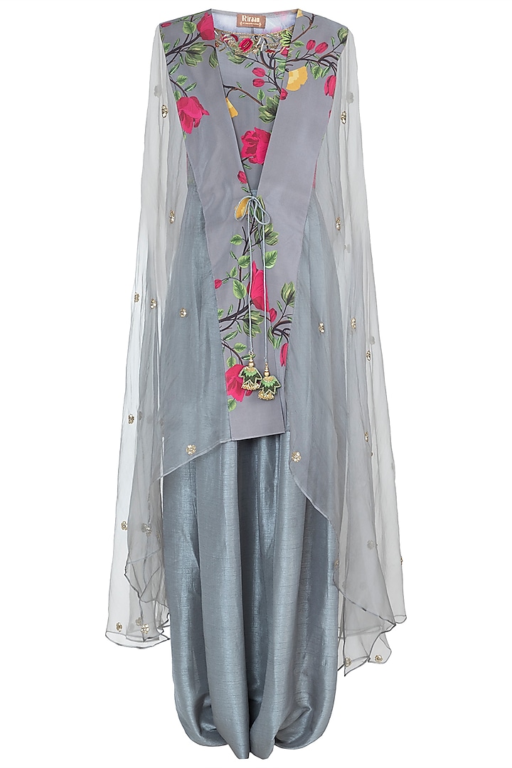 Ash grey embroidered printed jumpsuit with jacket by Riraan By Rikita & Ratna