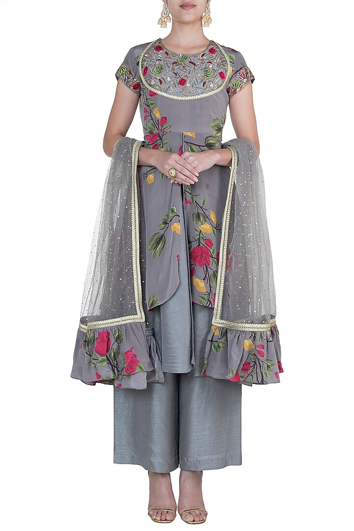 Ash grey embroidered printed Wedding Anarkali set by Riraan By Rikita & Ratna at Pernia's Pop Up Shop