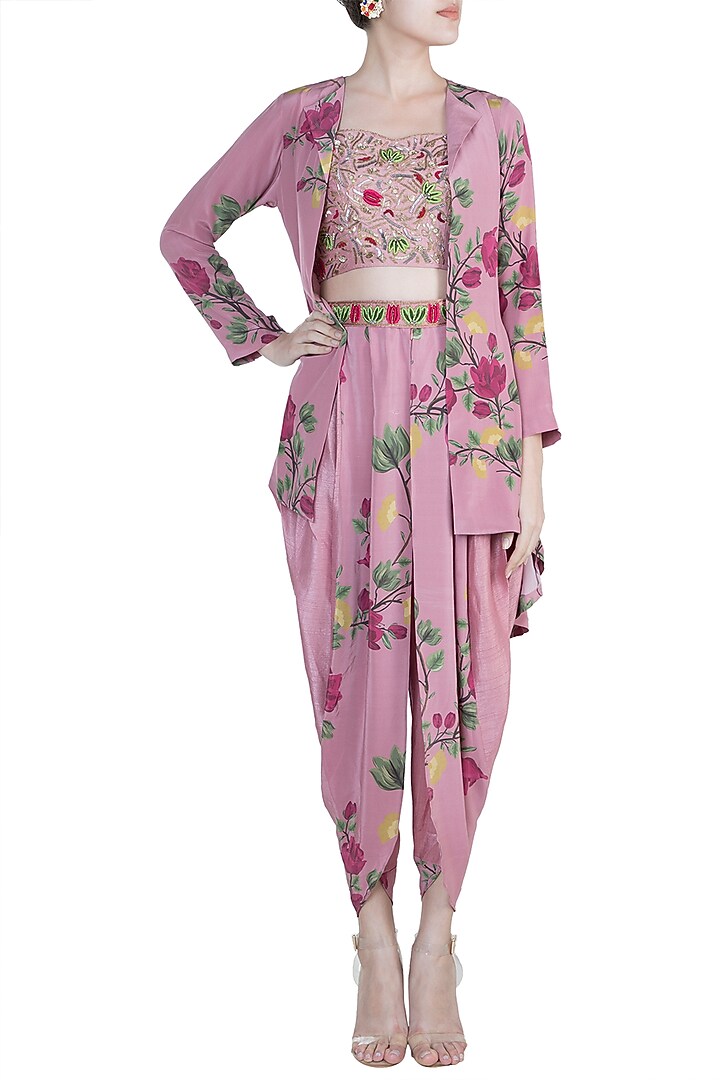 Rouge Pink Embroidered Bustier With Printed Dhoti Pants & Jacket by Riraan By Rikita & Ratna at Pernia's Pop Up Shop