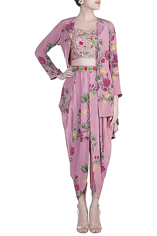 Rouge Pink Embroidered Bustier With Printed Dhoti Pants & Jacket by Riraan By Rikita & Ratna