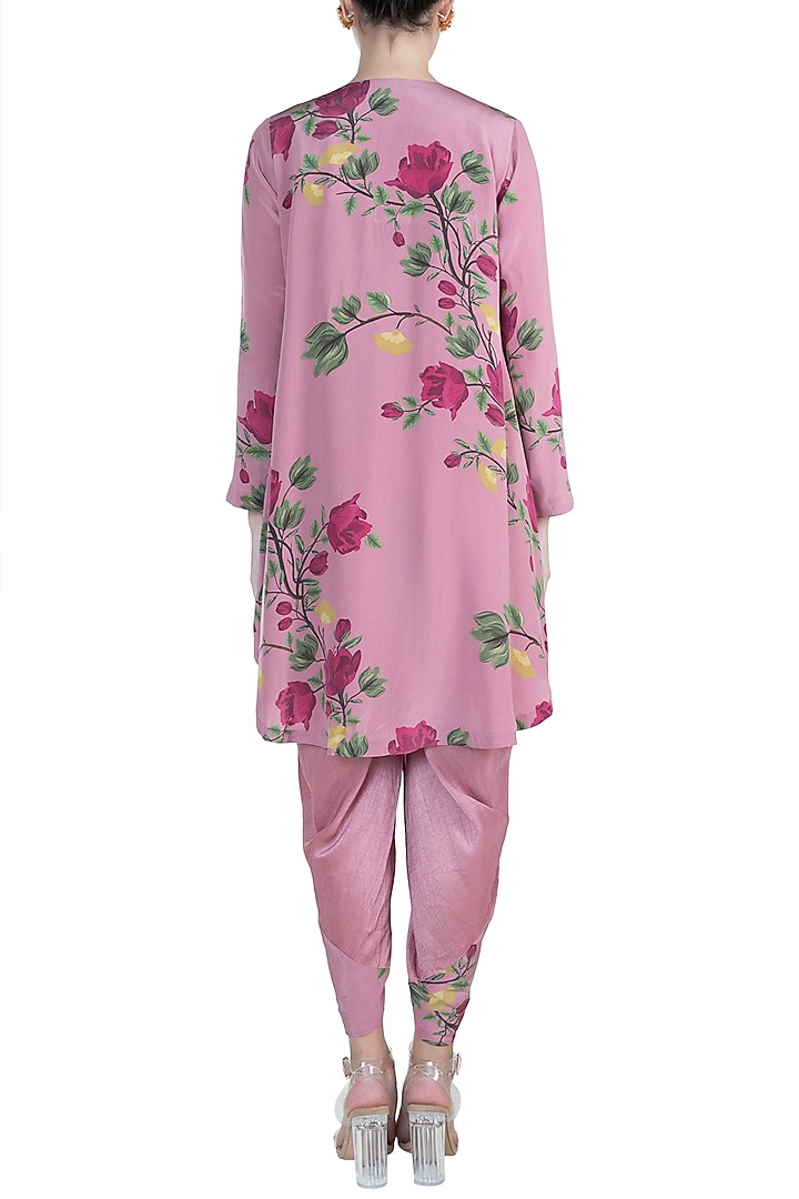 Rouge Pink Embroidered Bustier With Printed Dhoti Pants & Jacket by Riraan By Rikita & Ratna at Pernia's Pop Up Shop
