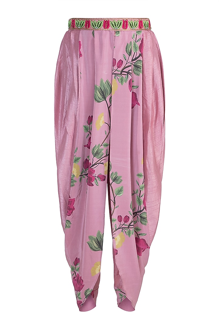 Rouge Pink Embroidered Bustier With Printed Dhoti Pants & Jacket by Riraan By Rikita & Ratna at Pernia's Pop Up Shop