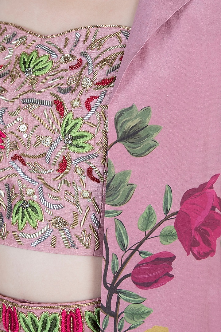 Rouge Pink Embroidered Bustier With Printed Dhoti Pants & Jacket by Riraan By Rikita & Ratna at Pernia's Pop Up Shop