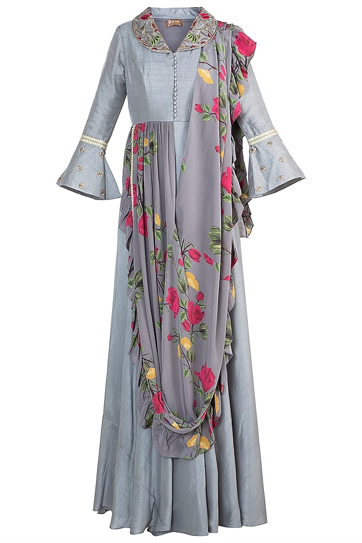 Ash Grey Embroidered Printed Anarkali With Attached Dupatta by Riraan By Rikita & Ratna