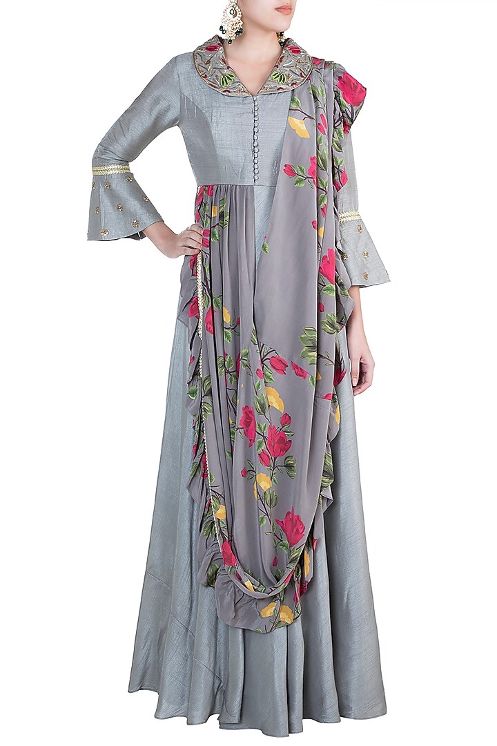 Ash Grey Embroidered Printed Wedding Anarkali With Attached Dupatta by Riraan By Rikita & Ratna at Pernia's Pop Up Shop