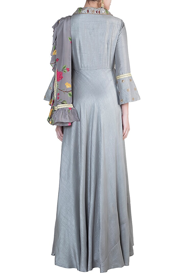 Ash Grey Embroidered Printed Wedding Anarkali With Attached Dupatta by Riraan By Rikita & Ratna at Pernia's Pop Up Shop