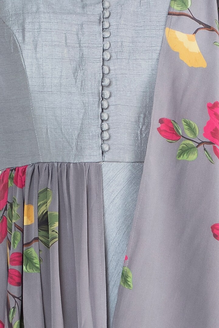 Ash Grey Embroidered Printed Wedding Anarkali With Attached Dupatta by Riraan By Rikita & Ratna at Pernia's Pop Up Shop