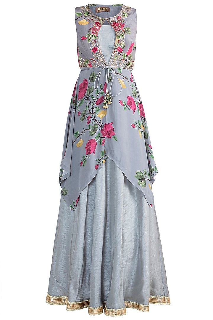 Ash Grey Embroidered Printed Top With Bustier, Skirt & Belt by Riraan By Rikita & Ratna