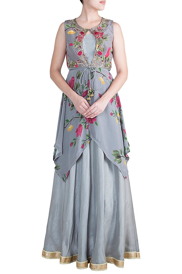 Ash Grey Embroidered Printed Top With Bustier, Skirt & Belt by Riraan By Rikita & Ratna at Pernia's Pop Up Shop