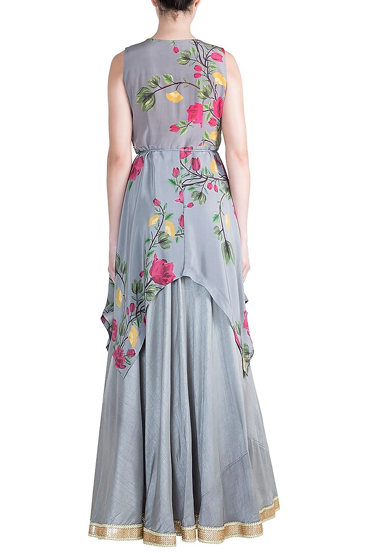 Ash Grey Embroidered Printed Top With Bustier, Skirt & Belt by Riraan By Rikita & Ratna at Pernia's Pop Up Shop