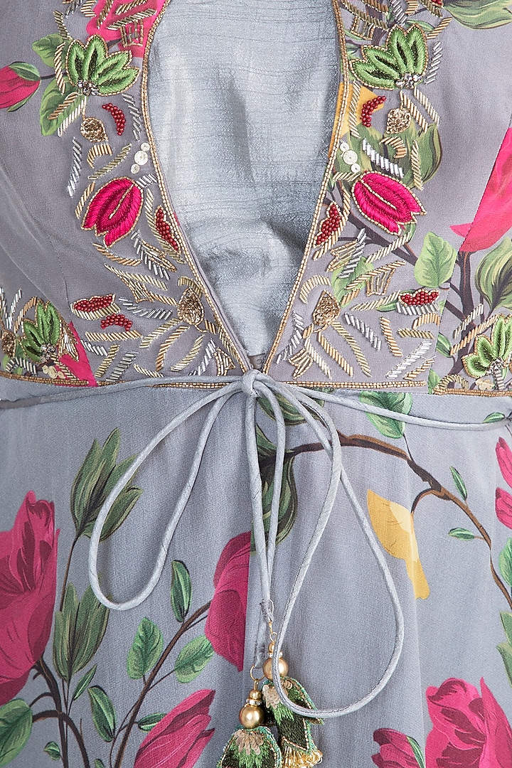 Ash Grey Embroidered Printed Top With Bustier, Skirt & Belt by Riraan By Rikita & Ratna at Pernia's Pop Up Shop