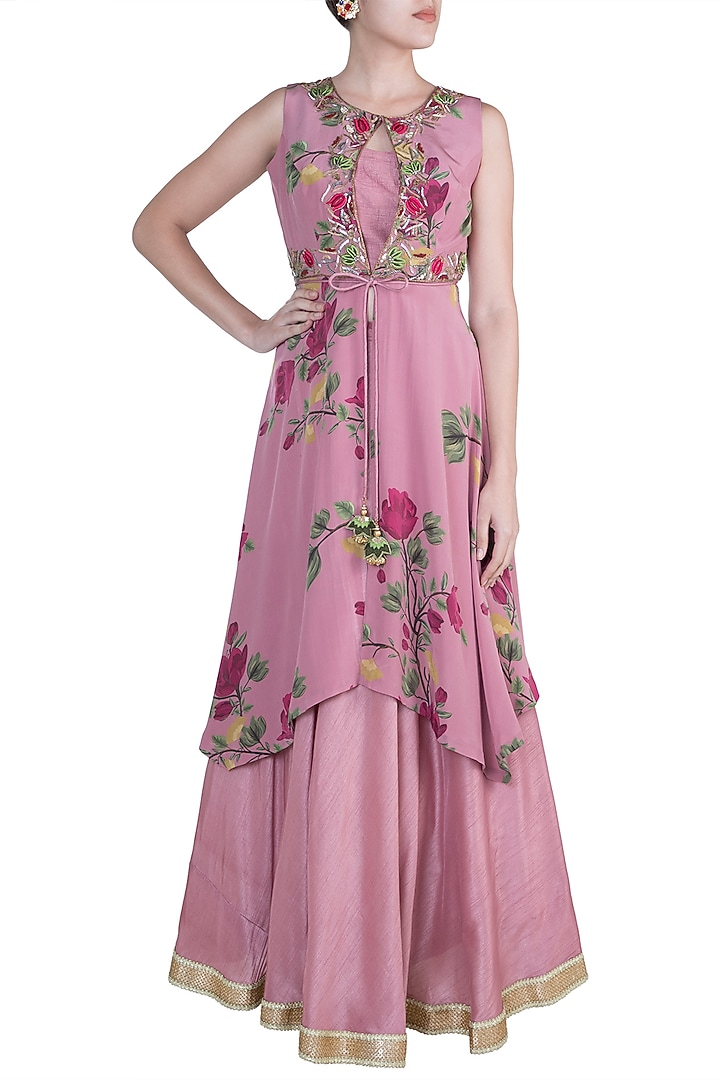 Rouge Pink Embroidered Printed Top With Bustier, Skirt & Belt by Riraan By Rikita & Ratna at Pernia's Pop Up Shop