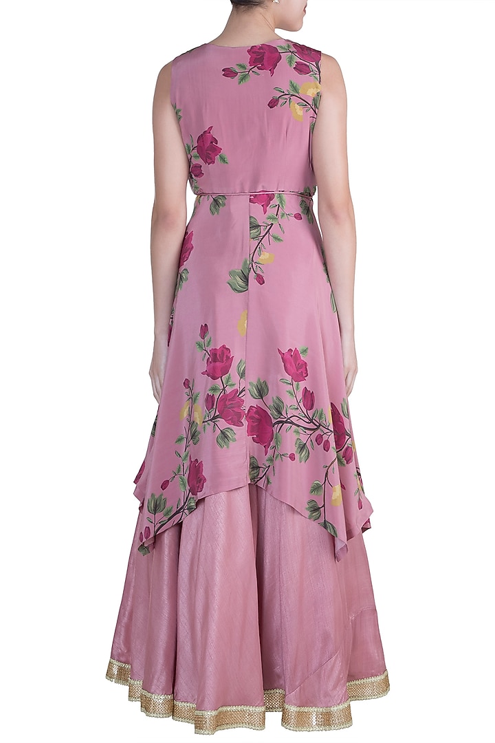 Rouge Pink Embroidered Printed Top With Bustier, Skirt & Belt by Riraan By Rikita & Ratna at Pernia's Pop Up Shop