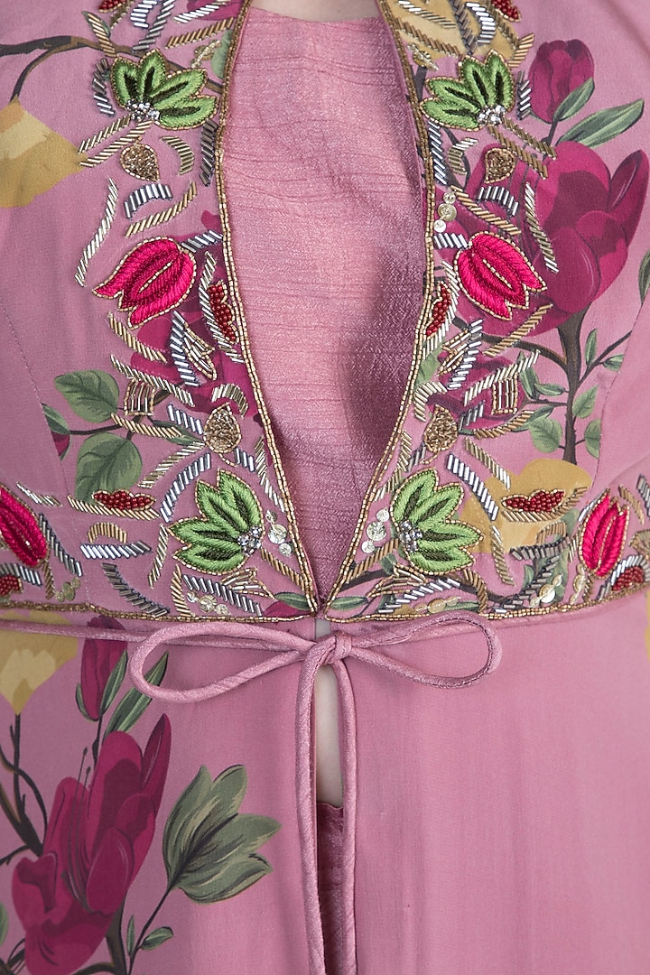 Rouge Pink Embroidered Printed Top With Bustier, Skirt & Belt by Riraan By Rikita & Ratna at Pernia's Pop Up Shop