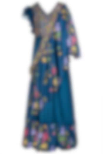 Blue Printed and Embroidered Anarkali Gown with sash Dupatta by Riraan By Rikita & Ratna