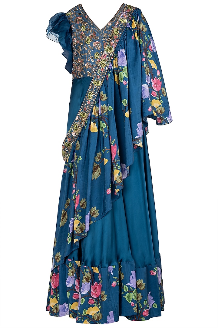 Blue Printed and Embroidered Anarkali Gown with sash Dupatta by Riraan By Rikita & Ratna