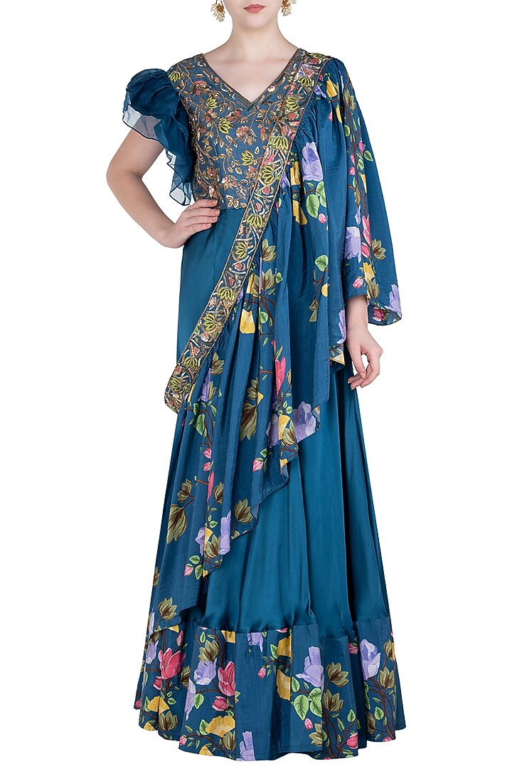 Blue printed and embroidered anarkali gown with sash Dupatta available only at Pernia's Pop Up Shop.