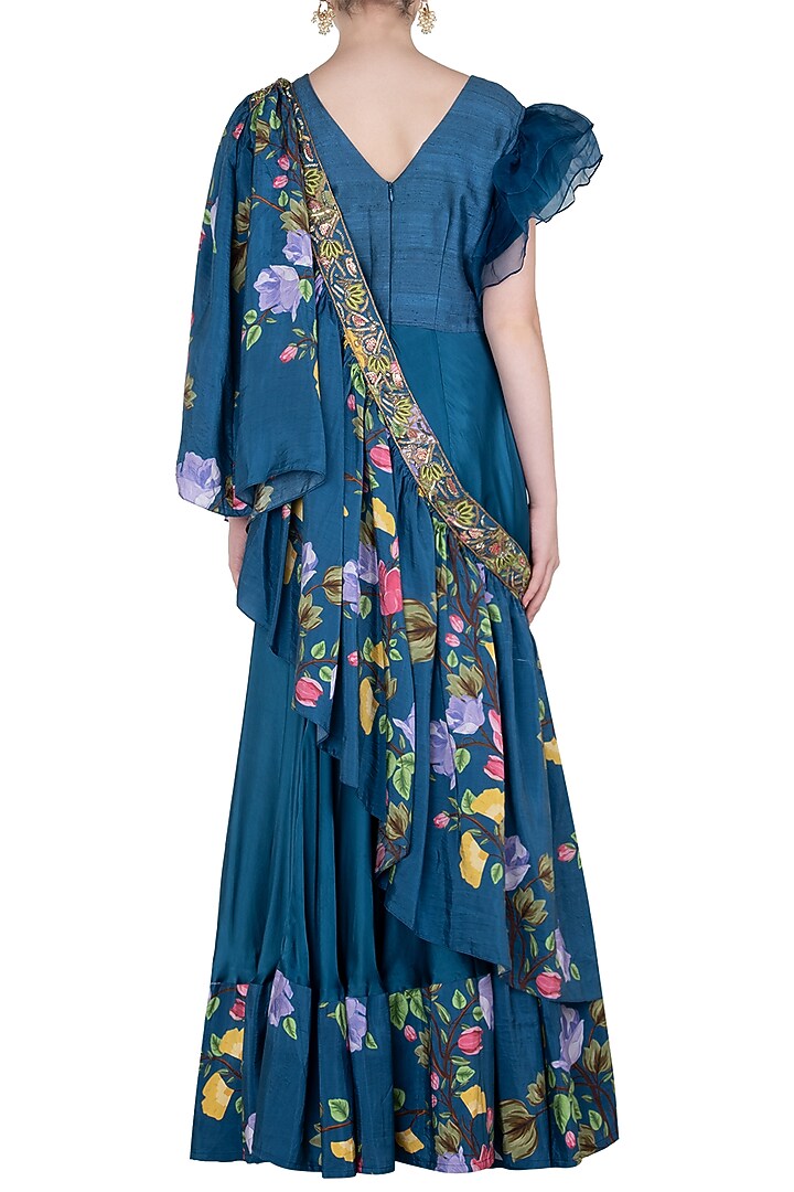 Blue printed and embroidered anarkali gown with sash Dupatta available only at Pernia's Pop Up Shop.