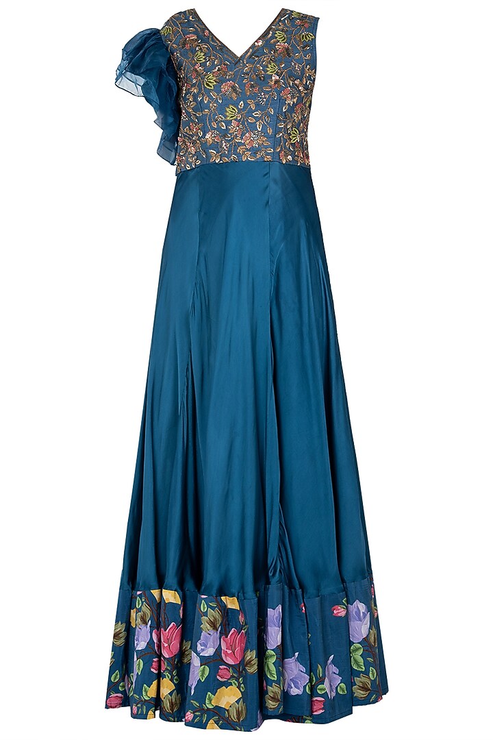 Blue printed and embroidered anarkali gown with sash Dupatta available only at Pernia's Pop Up Shop.