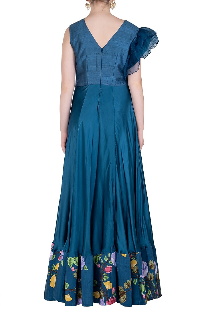 Blue printed and embroidered anarkali gown with sash Dupatta available only at Pernia's Pop Up Shop.