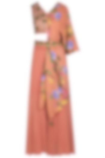 Rust Embroidered and Printed Blouse with Palazzo Pants and Belt by Riraan By Rikita & Ratna