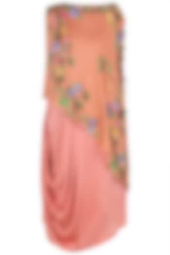 Rust embroidered and printed cape with pleated cowl tunic available only at Pernia's Pop Up Shop.