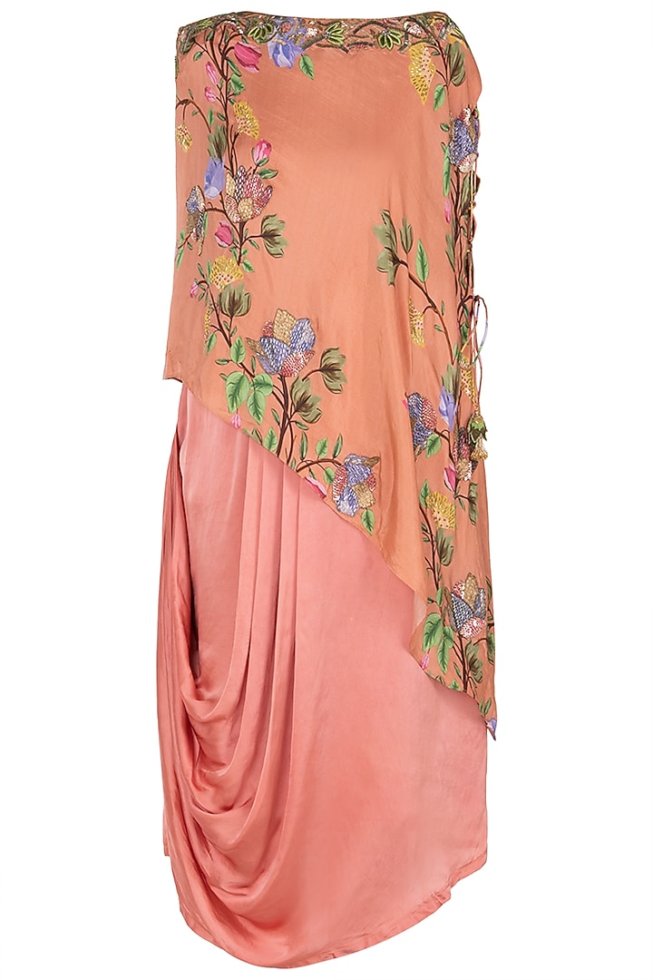 Rust embroidered and printed cape with pleated cowl tunic available only at Pernia's Pop Up Shop.