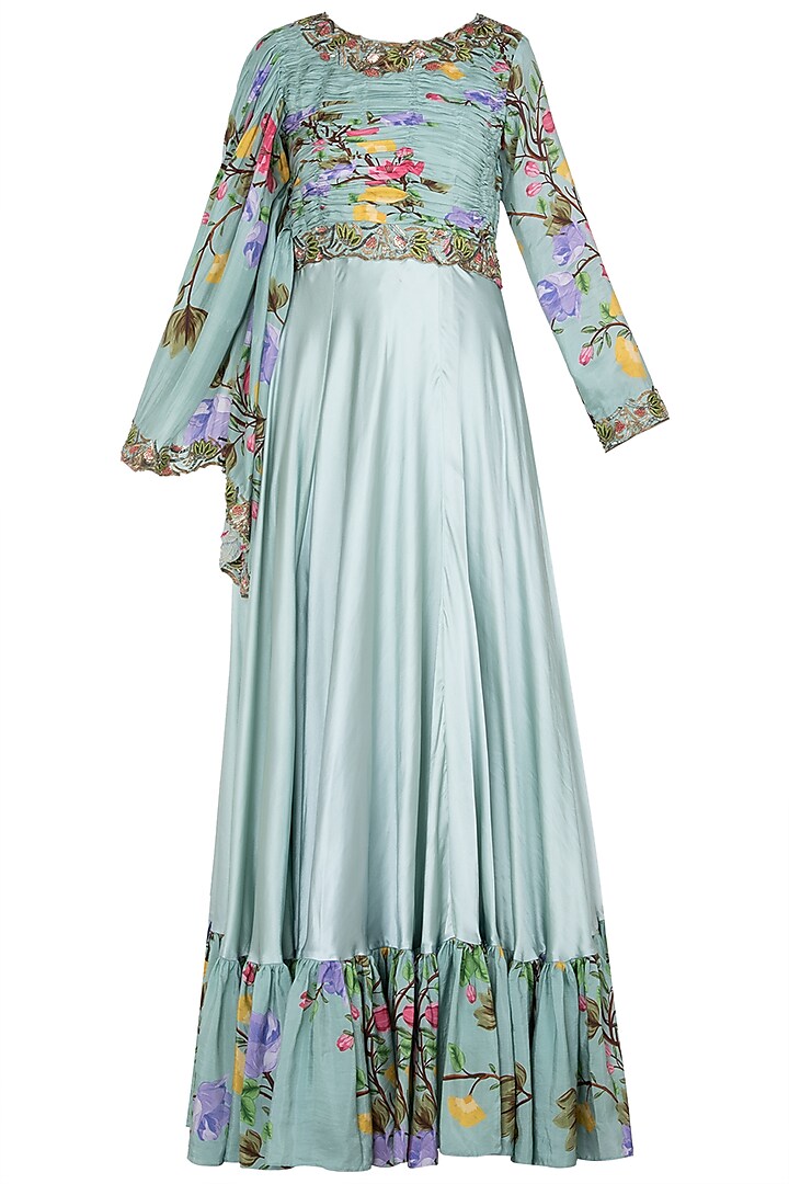 Green Printed and Embroidered Cape Anarkali Gown by Riraan By Rikita & Ratna