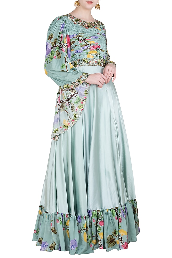 Green printed and embroidered cape anarkali gown available only at Pernia's Pop Up Shop.